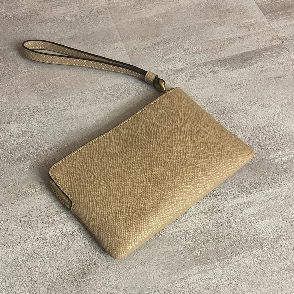 Coach Beige Taupe Leather corner zip Wristlet with Strap - Picture 3 of 6